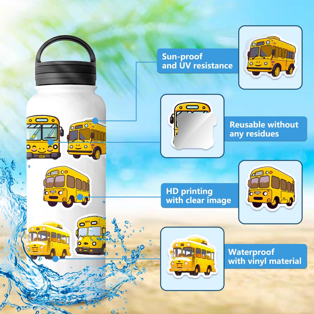 50 Cartoon School Bus Stickers Creative Cartoon Cute Yellow School Bus Graffiti Stickers Student Children