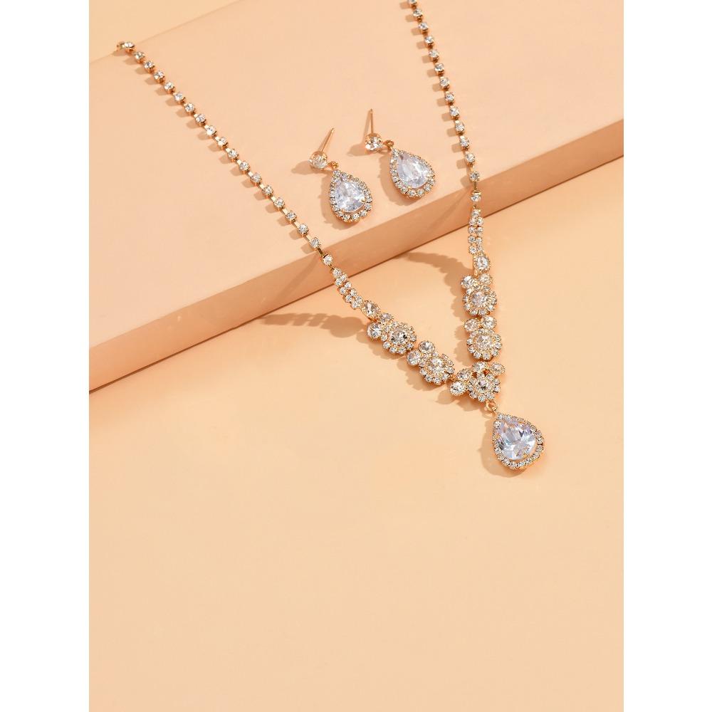 Wedding Jewelry Set Three-piece Set Bright Rhinestones Zircon Angel Teardrop Necklace Earrings Bracelet