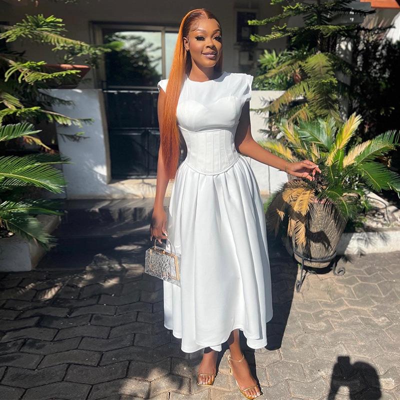 

Женское весеннее и летнее платье, темпераментное платье трапециевидной формы с круглым вырезом и высокой талией 2XL белый