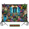2D Vibrant Flower Stone Wall Backdrop, Blue Window Floral Cottage Party Banner