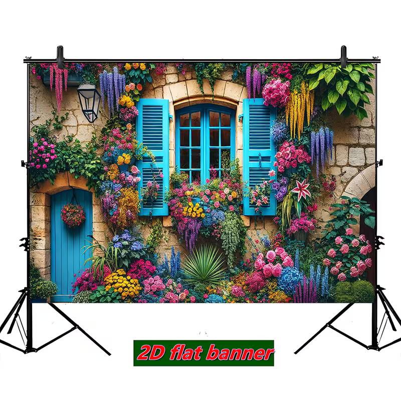 2D Vibrant Flower Stone Wall Backdrop, Blue Window Floral Cottage Party Banner
