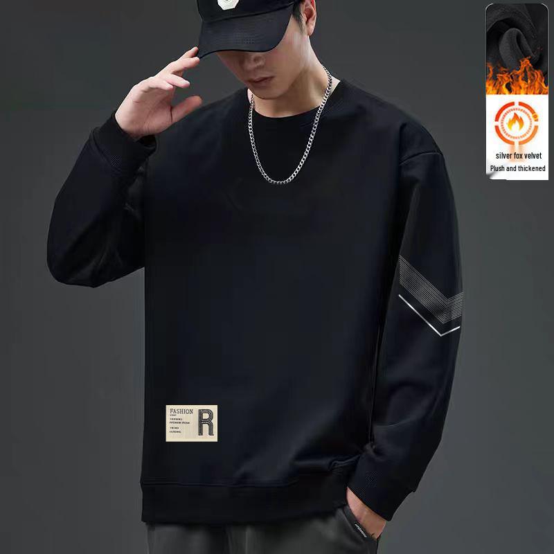 Men's Fleece-Lined Crew Neck Sweatshirt - Trendy, Versatile, Loose-Fit, Autumn/Winter Top for Students & Couples