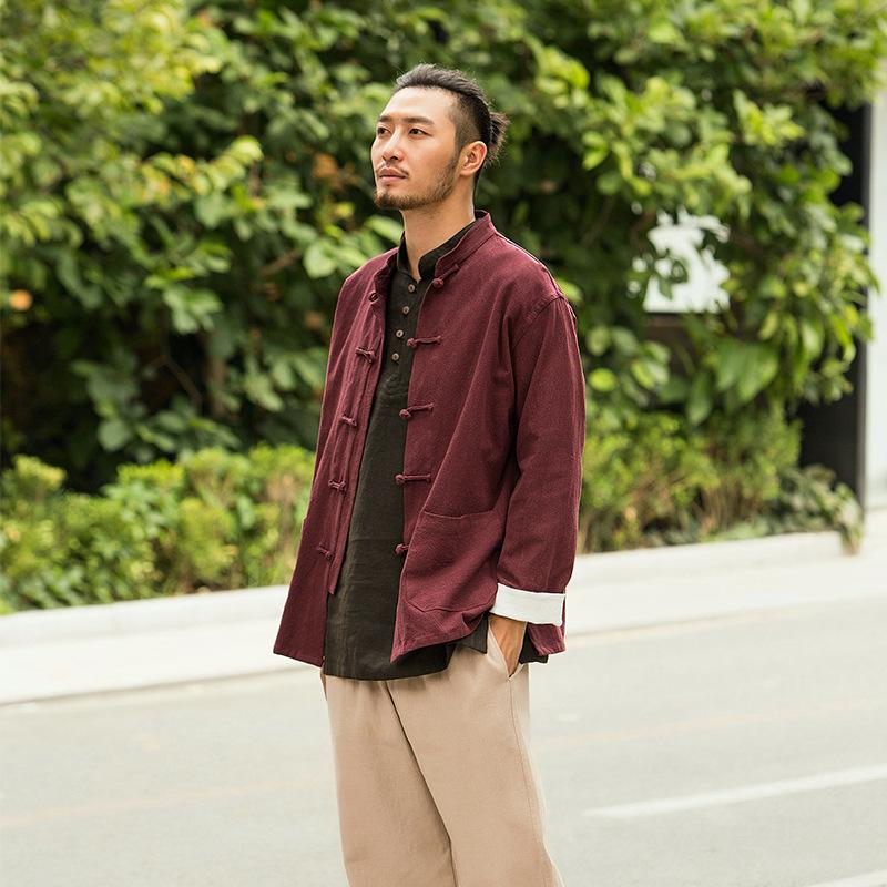 

Men s Linen Cotton Shirt Spring Placket Long-sleeved Casual Solid Color Tang Suit Stand-up Collar Casual Loose Shirt XL вина червоного кольору