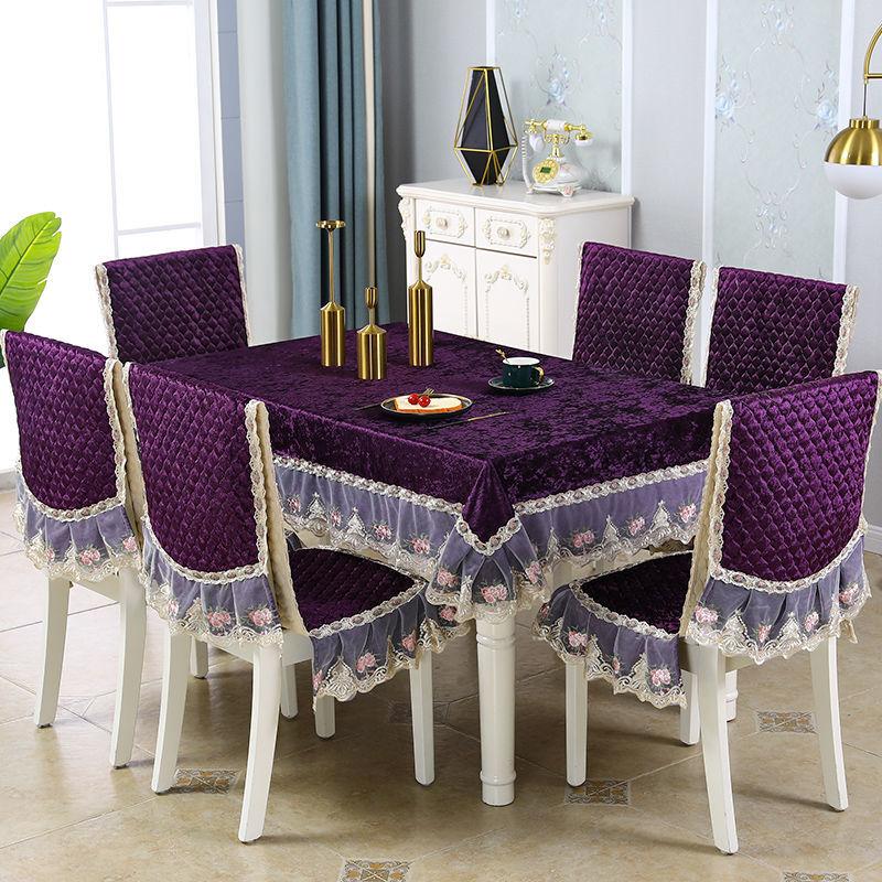 Stuhlbezug im europäischen Stil, rot-blau, mit Spitzenkante, integrierter Hockerbezug, rechteckige Tischdecke, verdicktes Kissen