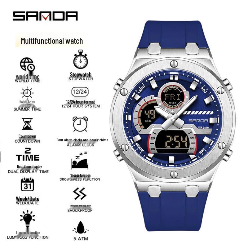 Sanda Trendy Multifunctional Waterproof Student Wristwatch with World Time Display
