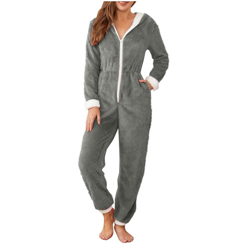 Hoodie Jumpsuits For Women  Fleece Jumpsuit  Pajamas Warm  Romper Sleepwear Zipper Hooded