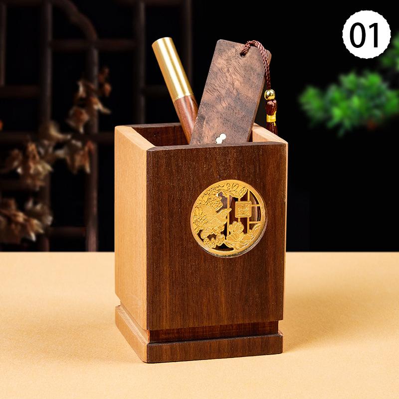 1pc Solid Wood Pen Holder Light Luxury Office Desk Storage Box Vintage National Style Home Office Ornaments Holiday Gifts