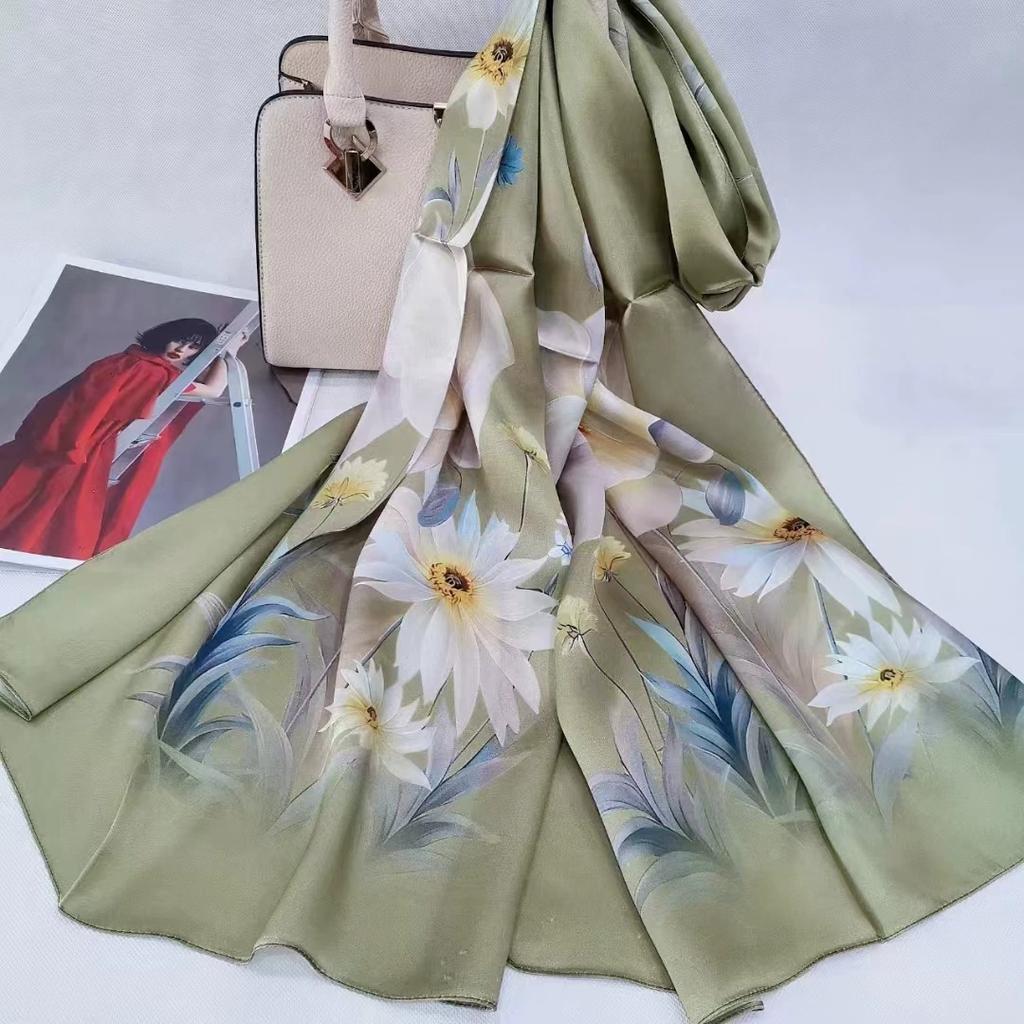 Hochwertiger 100% Seiden Schal Tuch Hijab Wickeltuch Damen Blumig Frühling Sommer Strand Seiden Schals