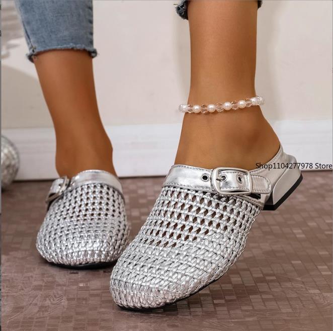 Fashion Mules Luxury Woven Slippers Women Shoes Round Toe Metal Buckle Casual Style Lazy Outside Wearing Women's Sandals Women Flats