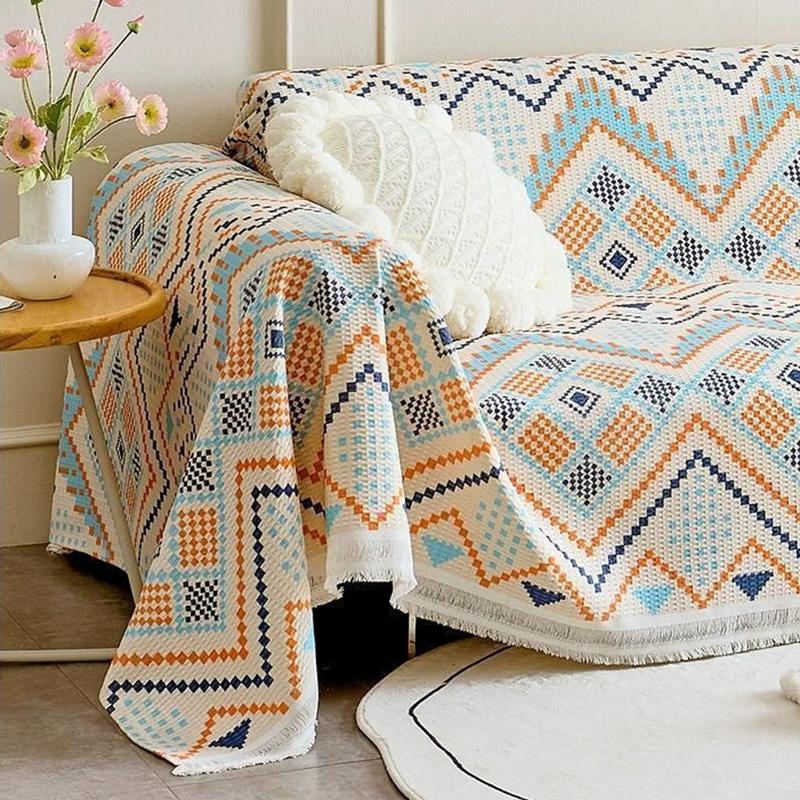 Böhmisches Gestreiftes Bedrucktes Sofa Handtuch Elegante Vollständige Abdeckung Couch Überwurf mit Quasten Haustierfreundliches Armlehnenhandtuch für Alle Jahreszeiten