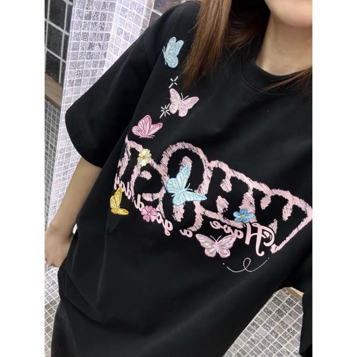 Women's American Retro Cotton Embroidered Short-Sleeve T-Shirt - Loose Fit, Versatile Summer Style