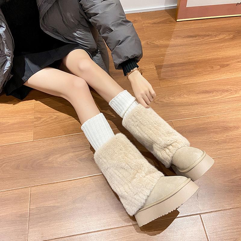 Thick-soled Snow Boots Women's 2025 Winter New Leather White Plush Heightened Plush Thickened Cotton Shoes