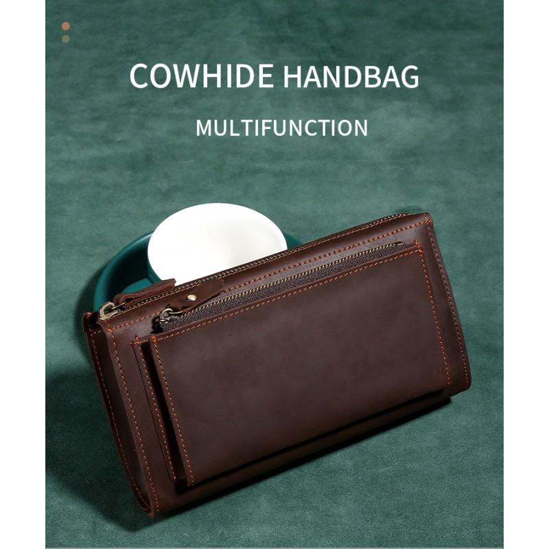 Crazy Horse Leather Men's Handbag Long Genuine Clutch Business Commuter Functional Wallet