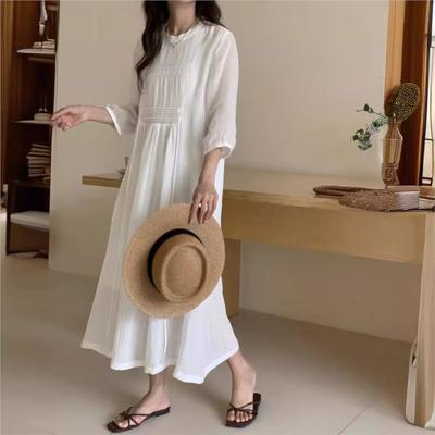 Woman Autumn Fashion Solid Color Half Sleeve A-Line Dress Chinese Style O-Neck Loose Casual Dress