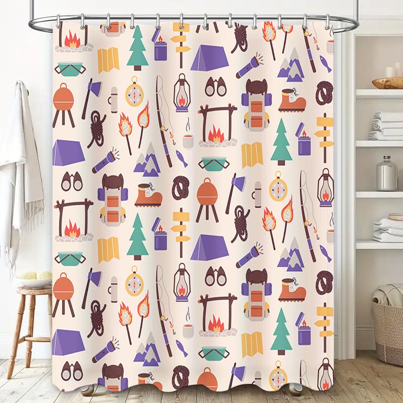 Outdoor Adventure Shower Curtain Campfire Patterns Decorative Waterproof Shower Panel Hiking Travel Camping Gear Set For Home Ba