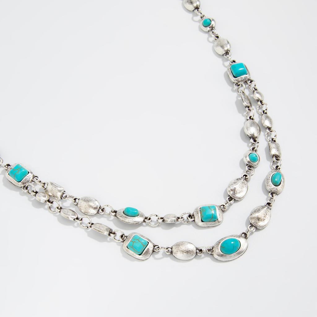 Fashion Imitation Turquoise Metal Choker Necklace Double Layered Boho Style Adjustable Chain for Everyday Wear Women Jewelry