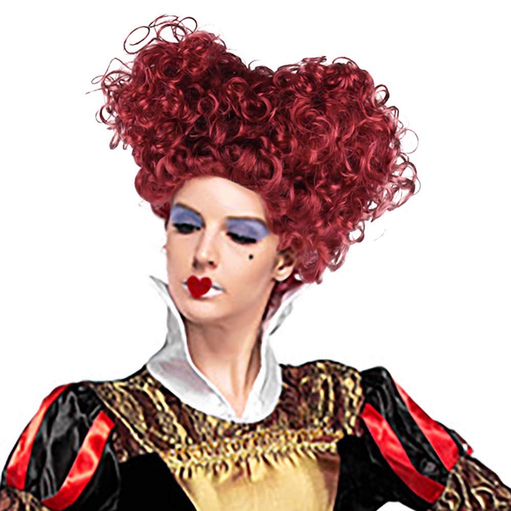 Red Queen Wig, Queen of Hearts Cosplay Costume Wig, Red Short Curly Heat-Resistant Wig, Halloween Costume (Wine Red)