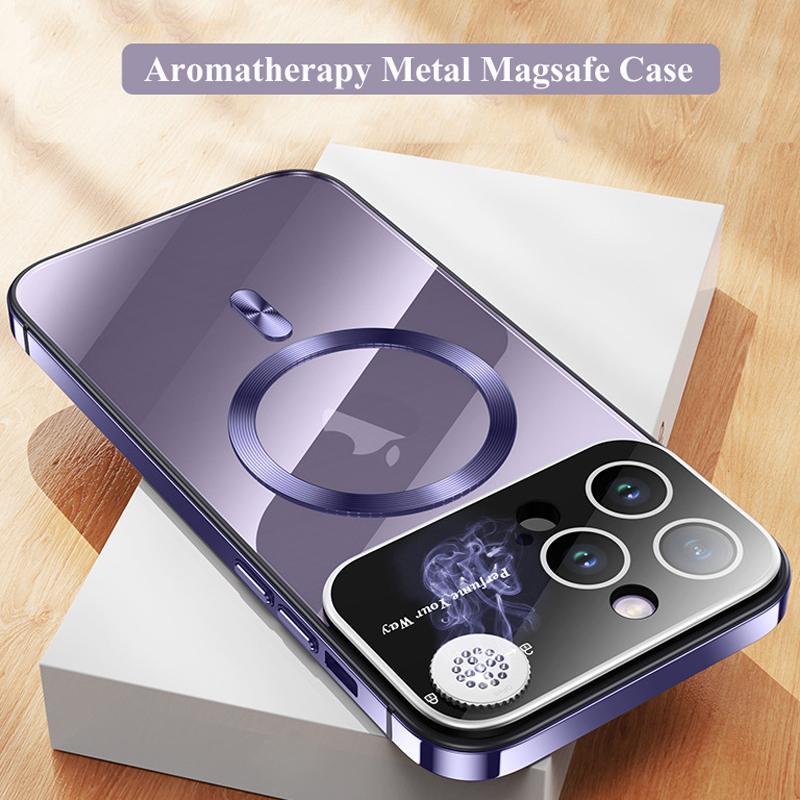 

Роскошный металлический чехол с полной защитой линз для ароматерапии для iPhone 15 14 13 Pro Max Magsafe, прозрачный чехол с магнитной беспроводной зарядкой