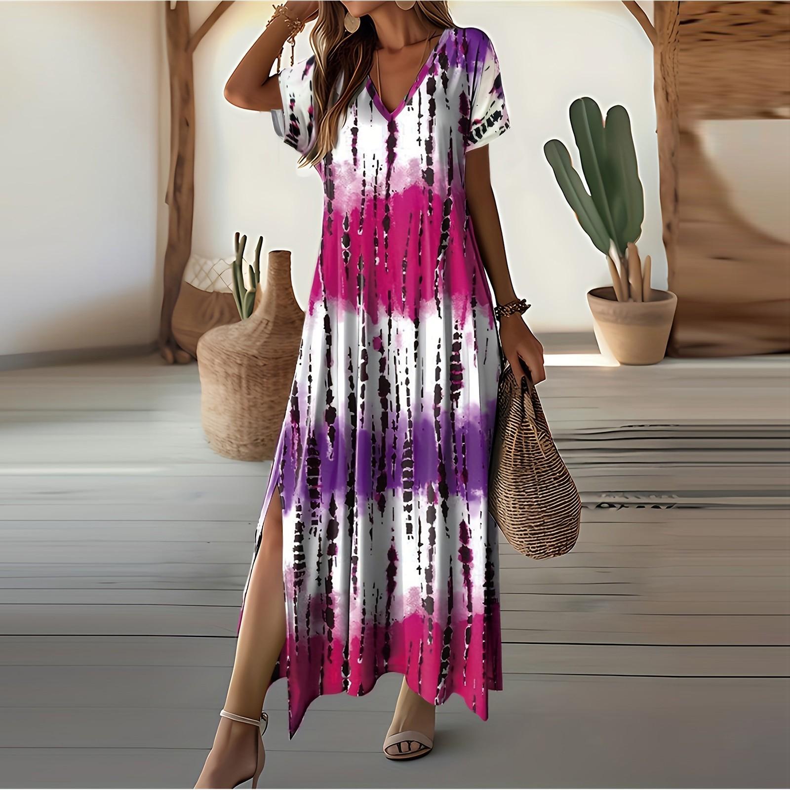 

Женское модное платье свободного кроя с принтом, V-образным вырезом и короткими рукавами XXL