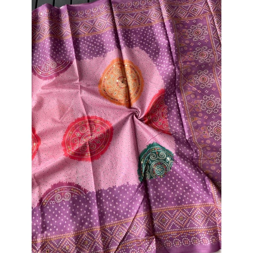 Tissue silk weaving sarees with multi-layared bandhani prints all over the saree, Blouse (Need To Be Stitched As Per Size And Fit)