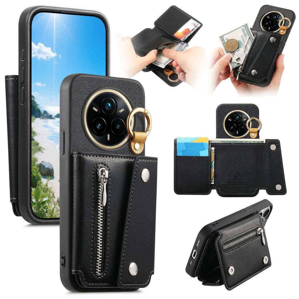 For Realme 14 Pro 5G Case D-Ring Holder Leather + PC + TPU Phone Cover with Wallet Kickstand
