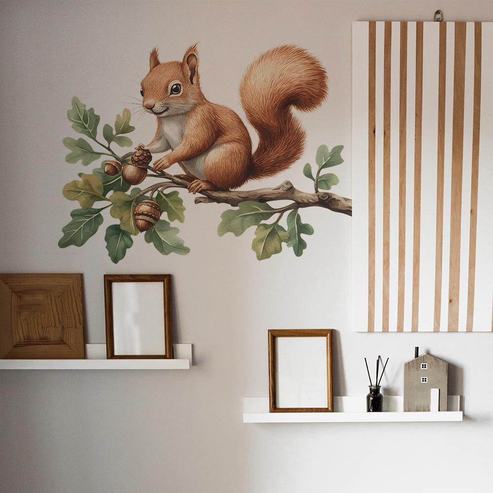 Painted Little Squirrel Branches Bedroom Living Room Entrance Hall Home Background Beautification Wall Stickers