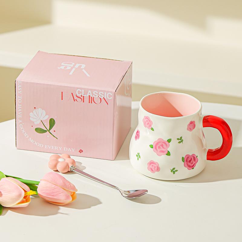 Tasse en Céramique Coréenne Peinte à la Main Sous Glaçure Mug Coloré Mignon Niche Fleur Thé Café Tasse Souvenir Fille 401-500ml