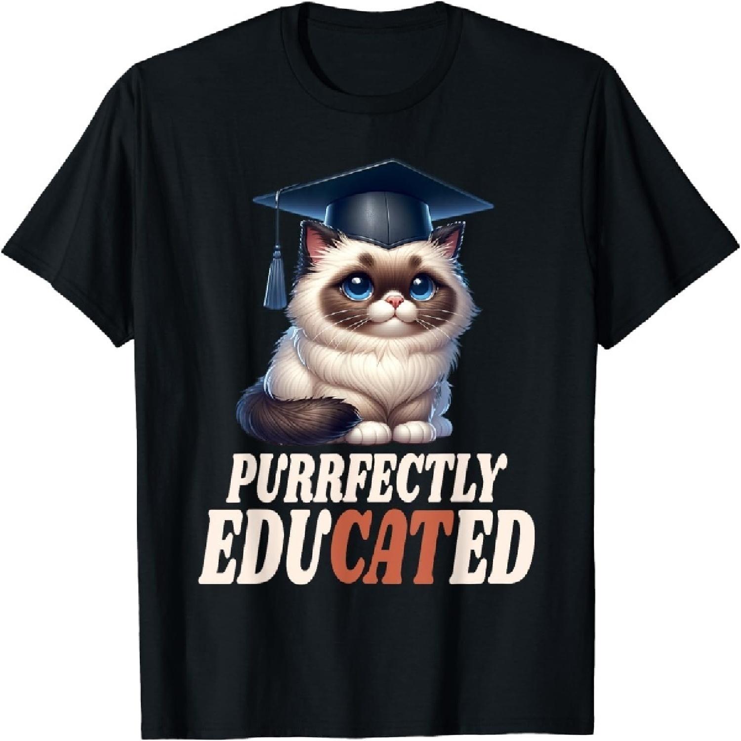 Cute Cat Purrfectly Educated Kitten Graduation T-Shirt S