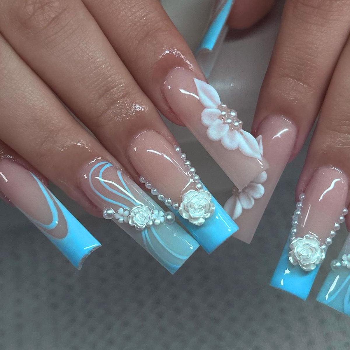 

Blue French Gradient 3D Pearl Camellia Decor Wearable False Nails
