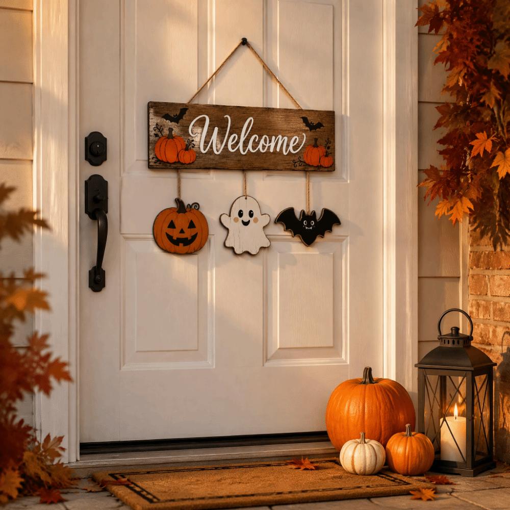 2D Plochá Dýně Duch Netopýr Dřevěná Deska Vintage Halloweenská Nástěnná Dveřní Závěsná Halloweenská Párty