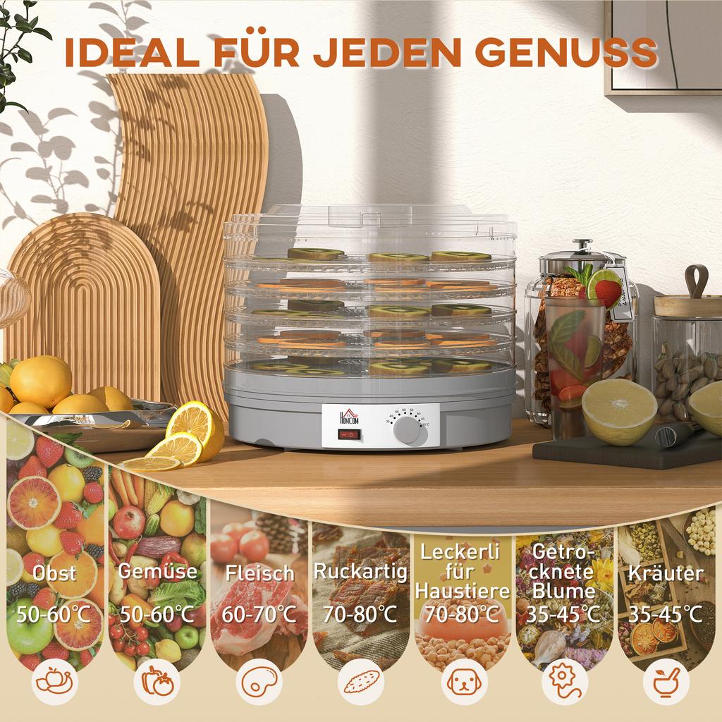 5-tier Food Dehydrator, 245W Dehydrator with Adjustable Temperature Control, Grey