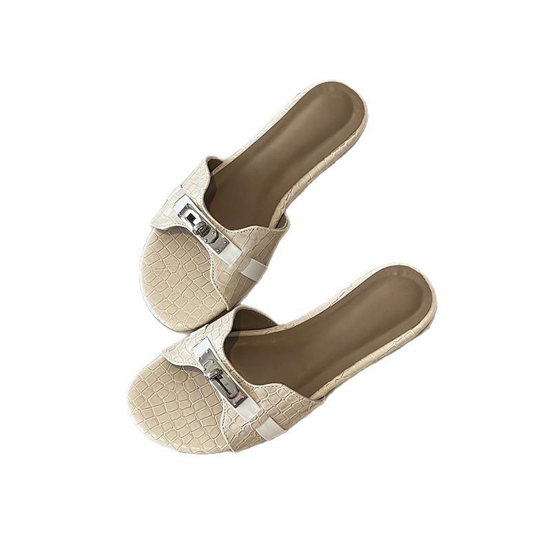 Small Gold Buckle Crocodile Text One-word Slippers for Women To Wear 2025 New Small Fragrant Style with Skirt Flat-bottomed Beach Slippers
