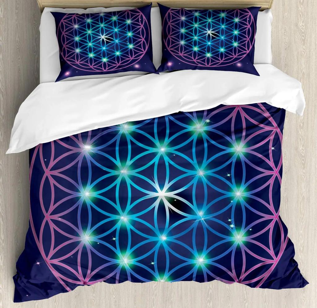 Flower of Life Duvet Cover Dark Blue with Geometry Print Quilt Cover for Children Teens Adults for Bedroom Decoration Queen Size