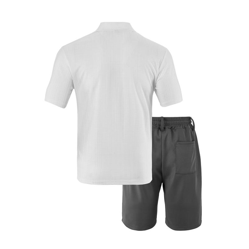 Summer Men Matching Outfit Sets Grid Texture Short Sleeve Polo Shirts Elastic Drawstring Casual Shorts Daily Beach Vacation Two Piece Tracksuit