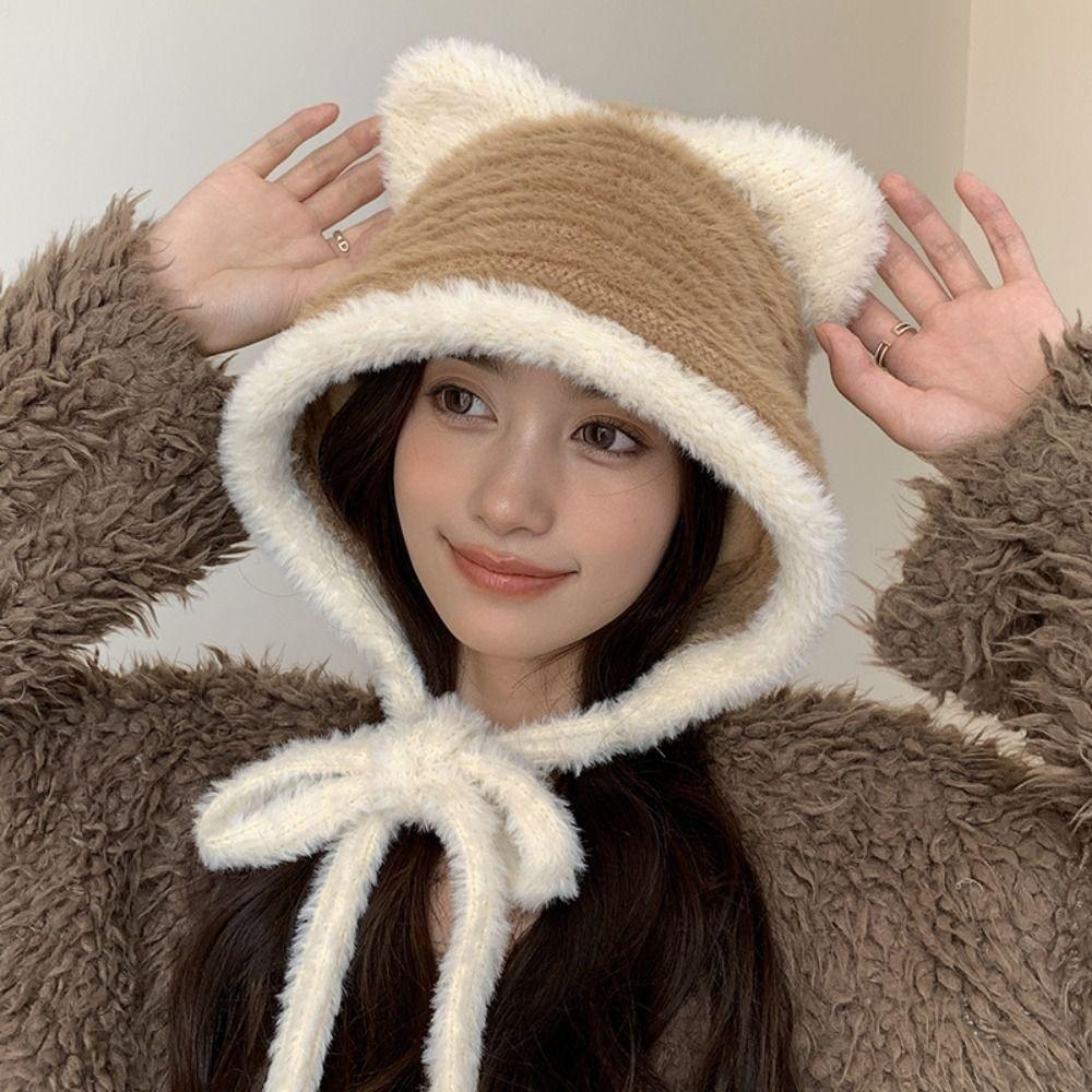 Plush Cute Cat Ear Hat Warm Women Fluffy Hats Fashion Faux Fur Bucket Hat Winter