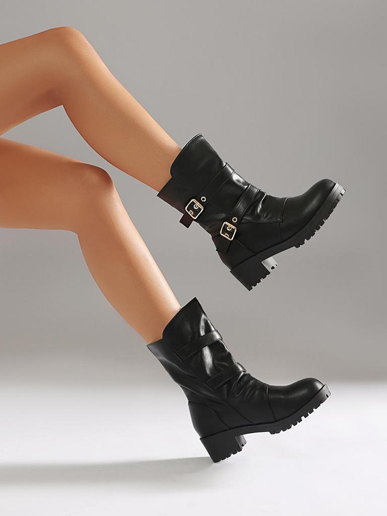 Women's Retro British Pull-On Round Toe Boots with Belt Buckle & Chunky Heel (Sizes 35-45).