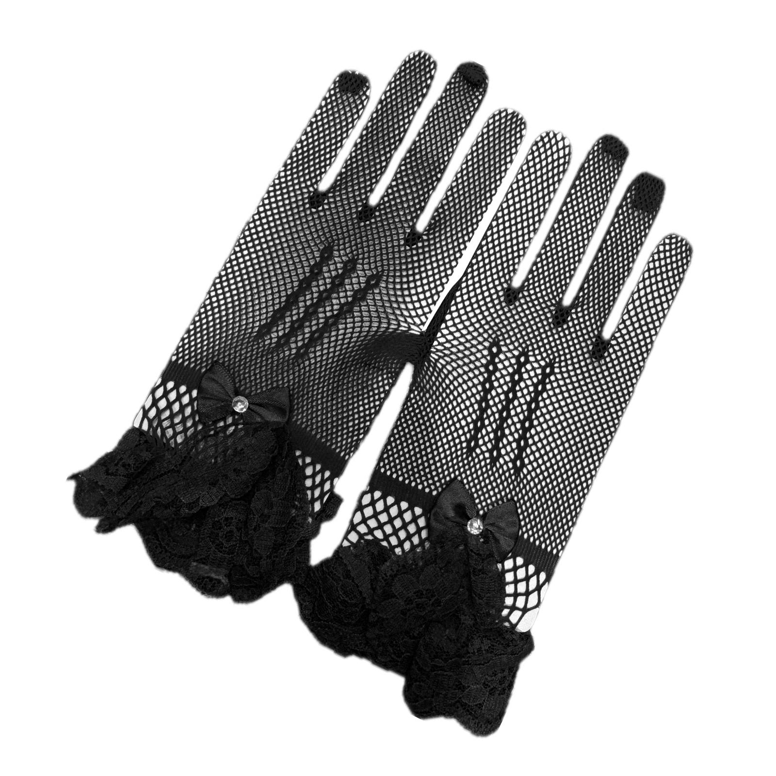 

2pcs Stretch Lace Meshes Gloves Rhinestones Embellished Bows Meshes Gloves for Wedding Ceremonies 3