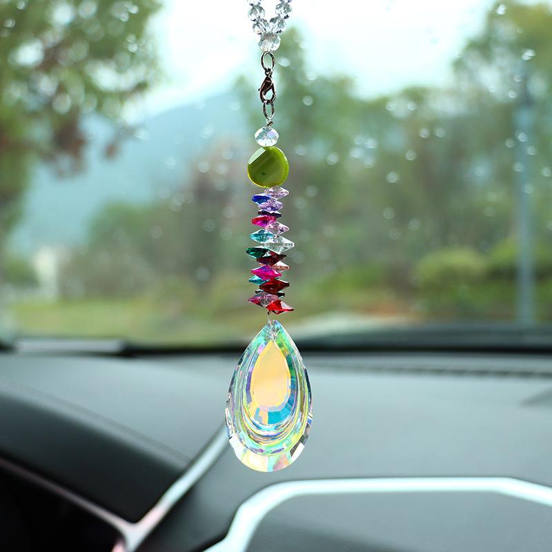 1pc Color Crystal Pendant Rainbow Drop Diamond Prisms Rearview Mirror Hangings Car Accessories Home Room Garden Decor Wind
