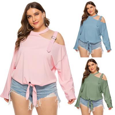 Plus Size Women Halter Off-shoulder Irregular T-shirt Loose Bandage Solid Tops