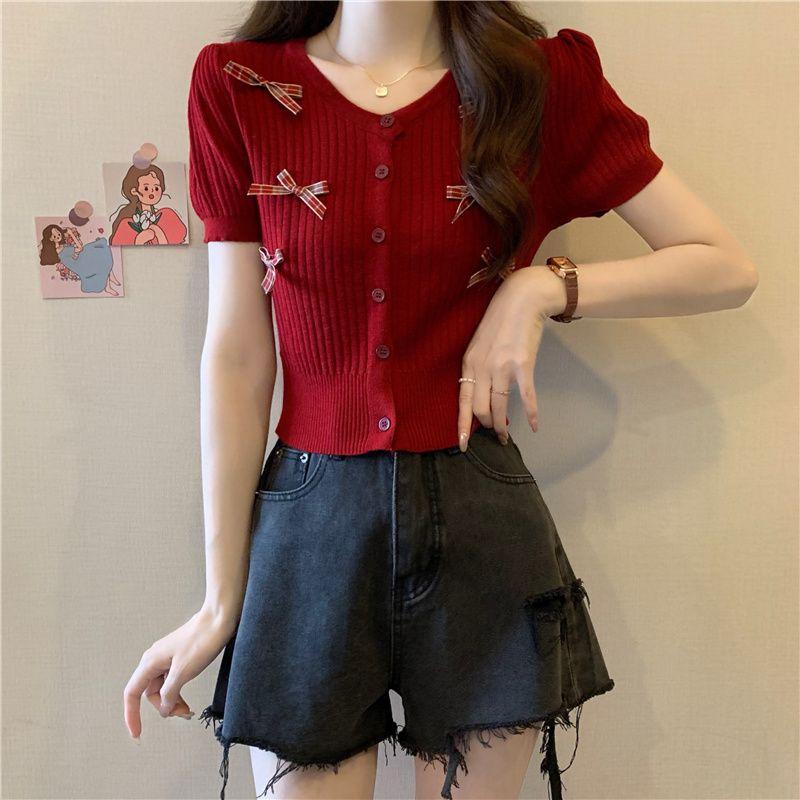 

Красный бант Pit Stripe вязаный кардиган для женщин на лето Slim Fit и милый короткий рукав-фонарик топ L красный