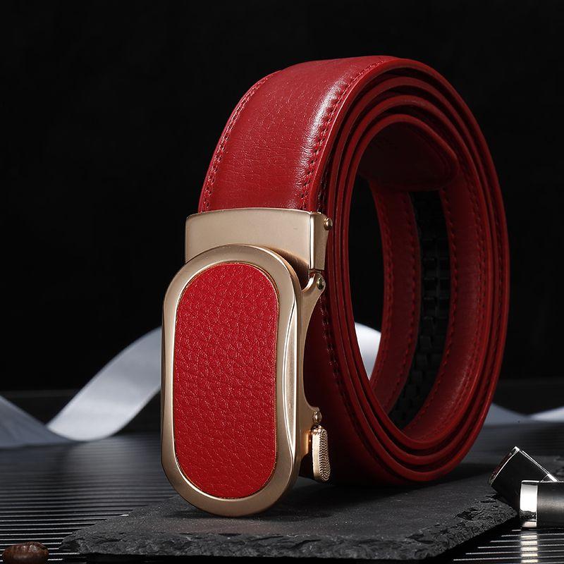 High Quality Leather Belt Yellow Cowhide Red Automatic Buckle Belt Blue White Trouser Belt