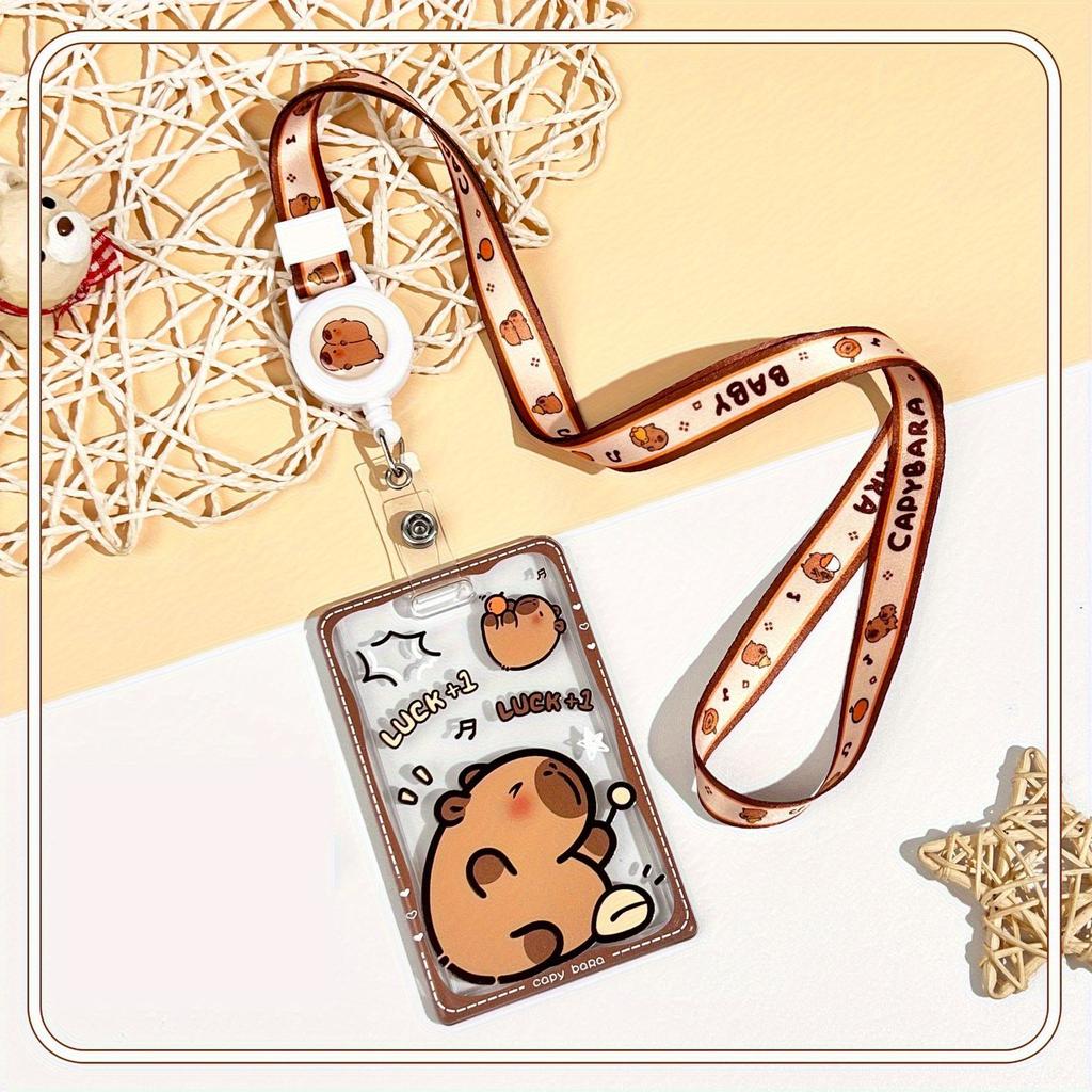 Cute Cartoon Retractable Lanyard Card Holder, Transparent Anti‑Loss Card Case for Students