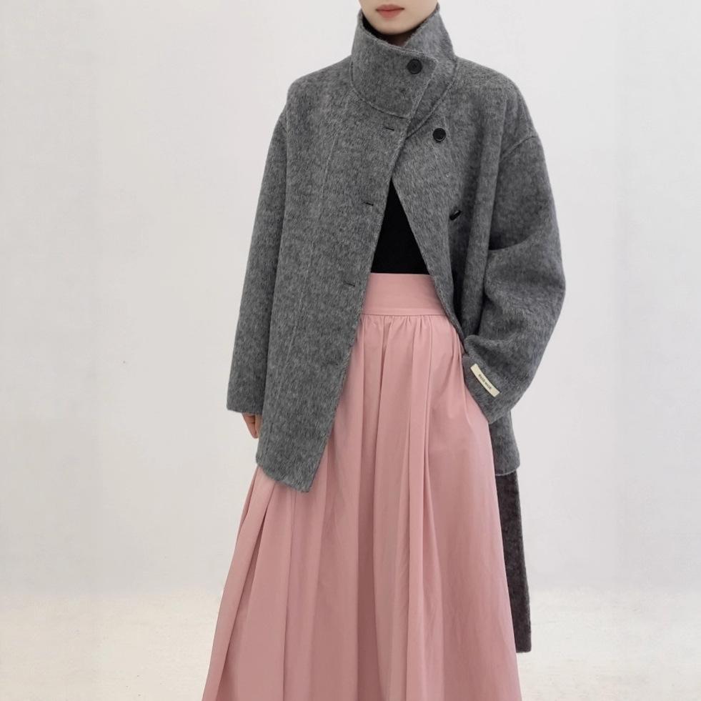 Stand-up collar small double-sided wool coat women's gray autumn and winter coat short niche design new