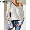 Suéteres Casuales de Moda para Mujer Otoño Invierno Estampado de Flores Manga Larga Cuello en V