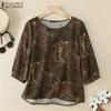 ZANZEA Women Casual Round Neck 3/4 Sleeve Cotton Retro Print Blouse