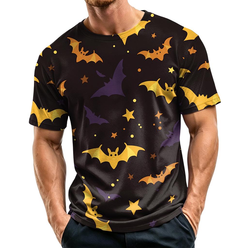 Men's Casual Halloween Print Short Sleeve T-Shirt Lightweight Breathable Round Neck Top for Everyday Wear and Seasonal Events