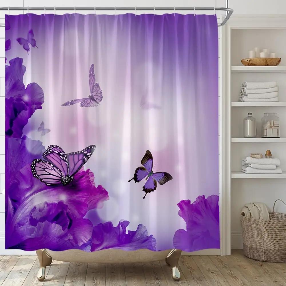 Pink Flower Butterfly Shower Curtain Natural Garden Landscape Home Fabric Bathroom Decoration Shower Curtain With Hook