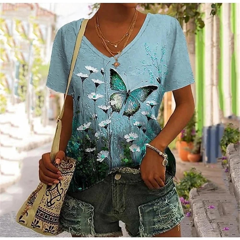 Abstract Oil Painting Floral 3D Print Summer Letter Fashion Women T-shirt Short Sleeve Everyday Tops T-shirt Harajuku Vintage