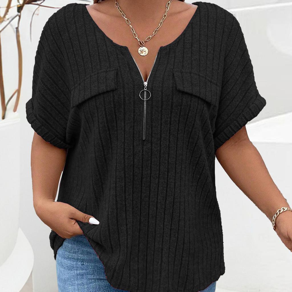 Άνοιξη και καλοκαίρι Νέο μονόχρωμο μεγάλο γυναικείο μπλουζάκι με φερμουάρ κοντό μανίκι Fake τσεπάκι πουλόβερ φαρδιά
