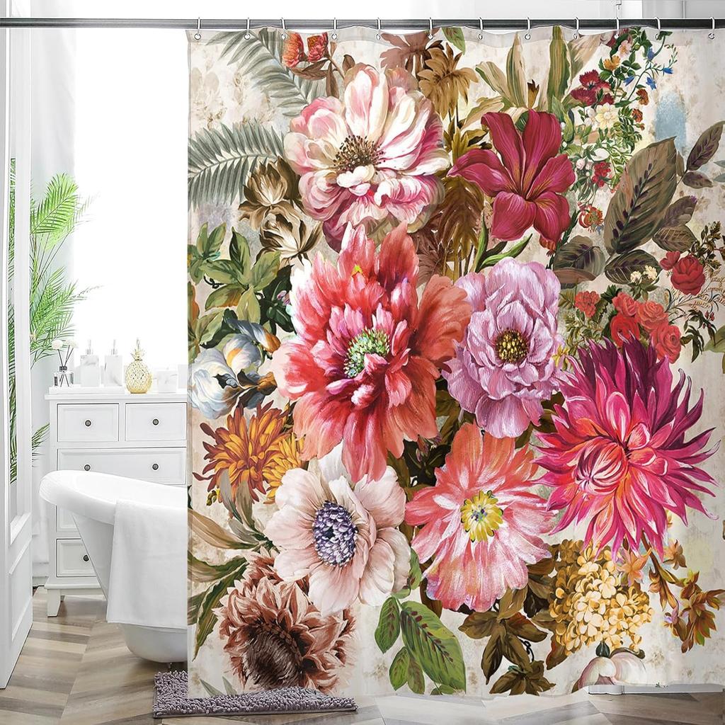 Cottage Floral Shower Curtain - Pink/Lavender Butterfly Design, Waterproof Washable Fabric, with Hooks, Modern Farmhouse Decor